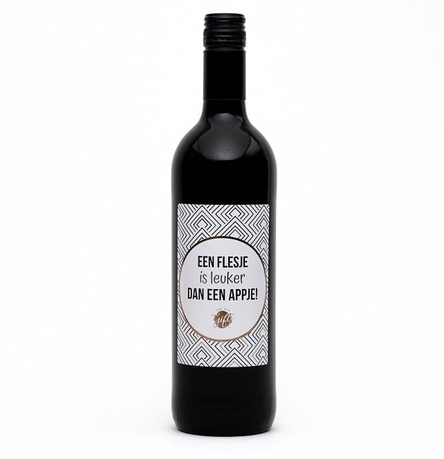 Fles Rode wijn Met tekst  'Een flesje is leuker dan een appje' Vin Rouge 2017 - Vin de France - 0.75l