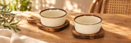  Serveerset met 2 beige schaaltjes en 2 acaciahouten plankjes – 20 x 15 x 5,5 cm Jens Living