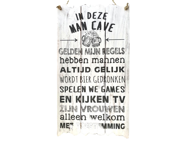 Houten tekstbord Man Cave  antique wit met stoere teks
