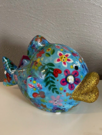 Pomme Pidou  - Spaarpot - Medium - Fish Kelly Blauw met bloemen