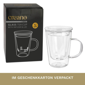 Creano theeglas 400ml - glazen theekop, zeef en deksel