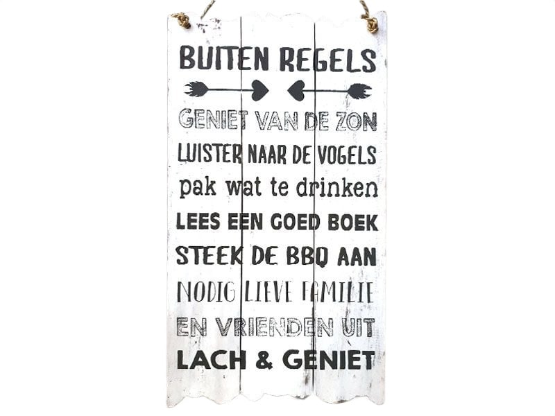 Tekstbord: Buiten regels - geniet van de zon 55X30cm wit -zwart