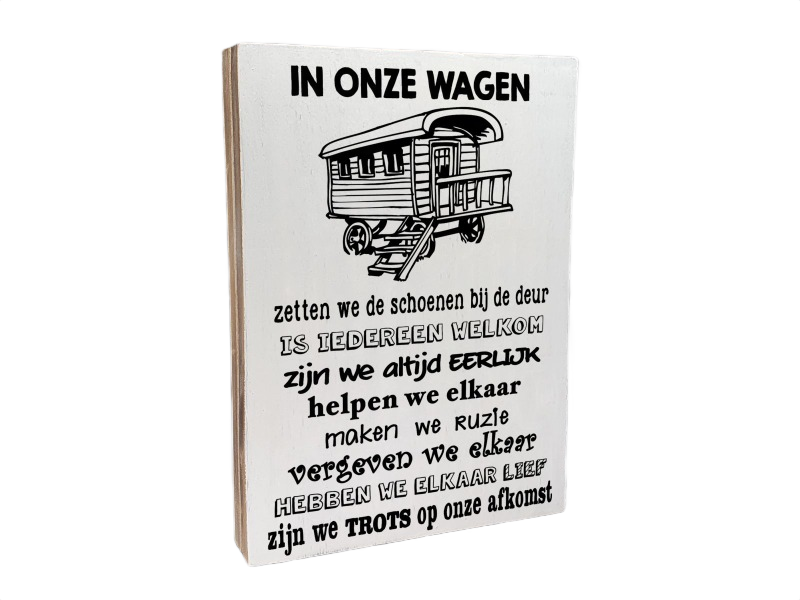 Tekstblok "In onze wagen" 25x18cm wit -zwart