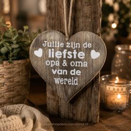 Hart hangend liefste Opa en Oma van de wereld hout naturel 18x18cm