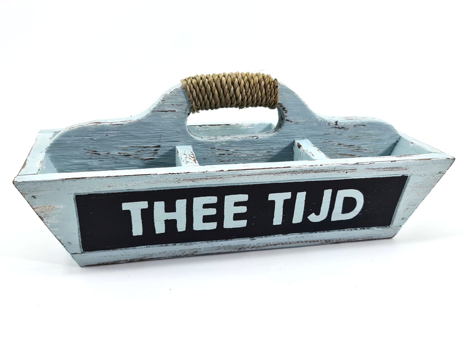Theebak met handvat tekst Theetijd  11x28cm zee blauw