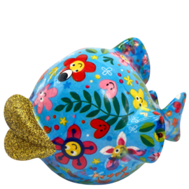 Pomme Pidou  - Spaarpot - Medium - Fish Kelly Blauw met bloemen