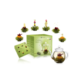 Theebloemen cadeauset groene thee met fruitsmaken en glazen theepot 500 ml