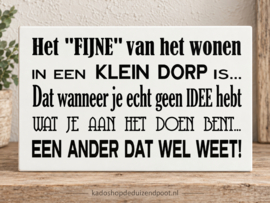 Tekstbord Steigerhout – Het fijne van wonen in een klein dorp – 30 x 20 cm