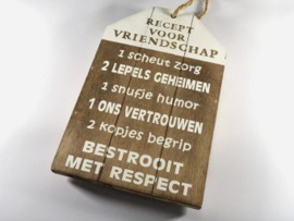 Dienblad/label 30x19cm naturel "recept vriendschap"