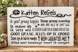 Tekstbord Steigerhout Wit – Kattenregels – 30 x 20 cm