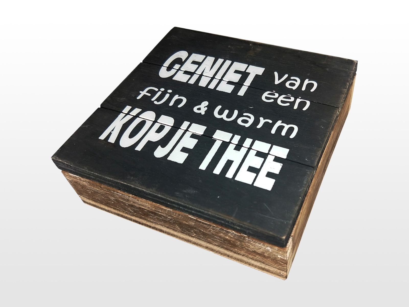 Theedoos 4 vaks met tekst 'Geniet ' Naturel -Zwart