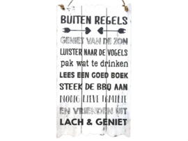 Tekstbord: Buiten regels - geniet van de zon 55X30cm wit -zwart