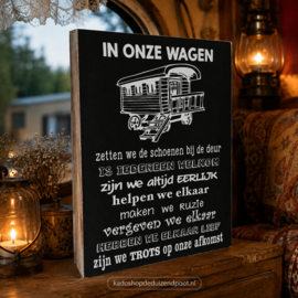 Tekstbord -Tekstblok In onze wagen.. Zwart - Wit (25×18 cm)