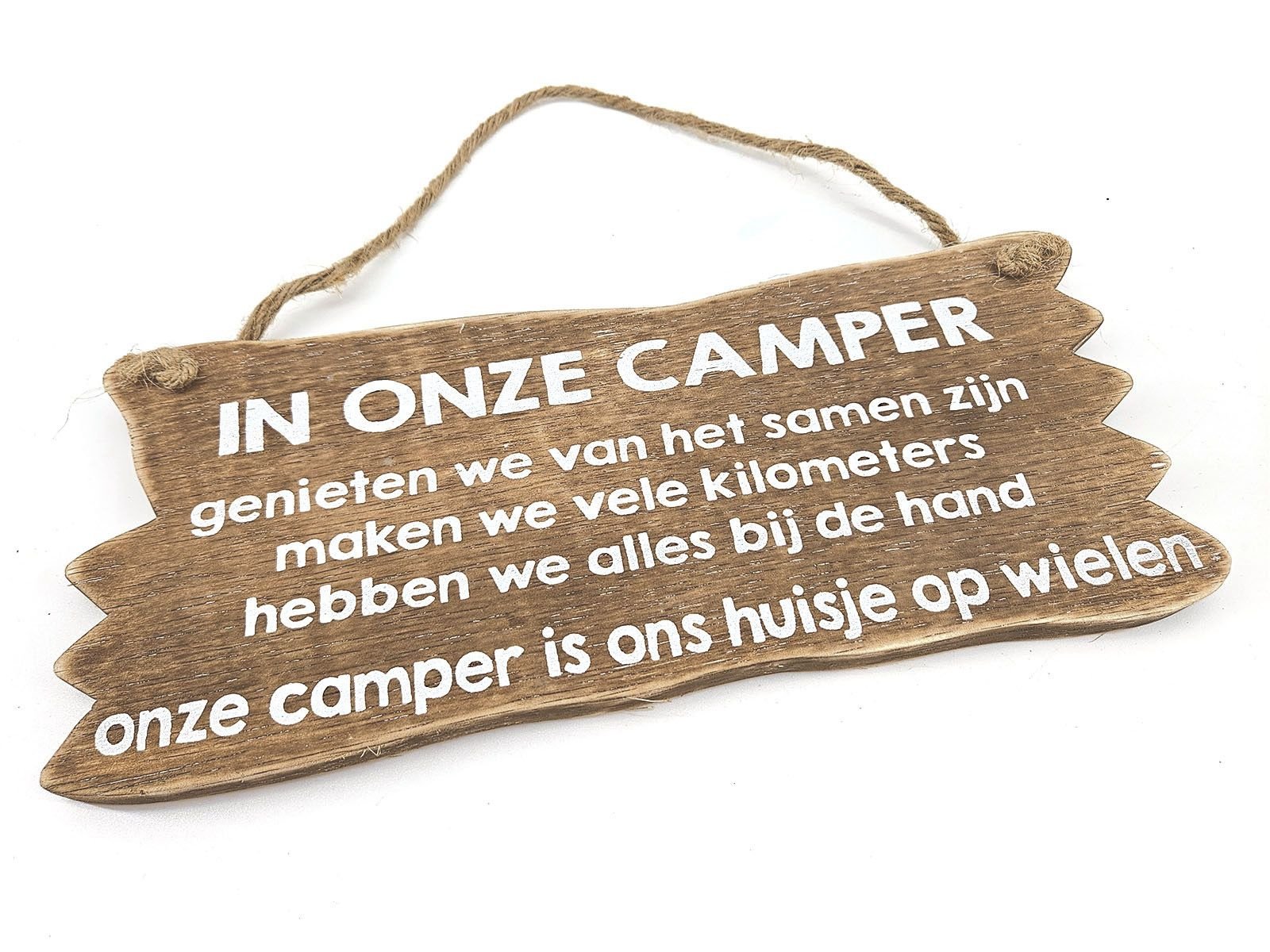 Houten tekstbord camper ons huisje op wielen (naturel)