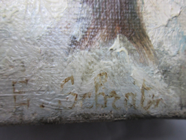 Painting from a war-painter. in an attick found condition. E. Gebrats. Schilderij oorlogs situatie gemaakt door een oorlogsschilder. zeer slechte staat, maar wel bijzonder Oorlogsschilders vind je niet veel werk van.