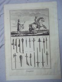 Original old lithography of old armour. Oude steendruk op geschept papier omstreeks 1750. over bewapening.