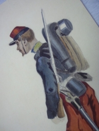 Water-coloured painting of a French soldier 1870 early 1914, the artist did not finished it.Aquarel Franse soldaat 1870 begin 1914, rechter been is getekend, maar niet ingekleurd, is ingelijst 18 bij 23 cm.