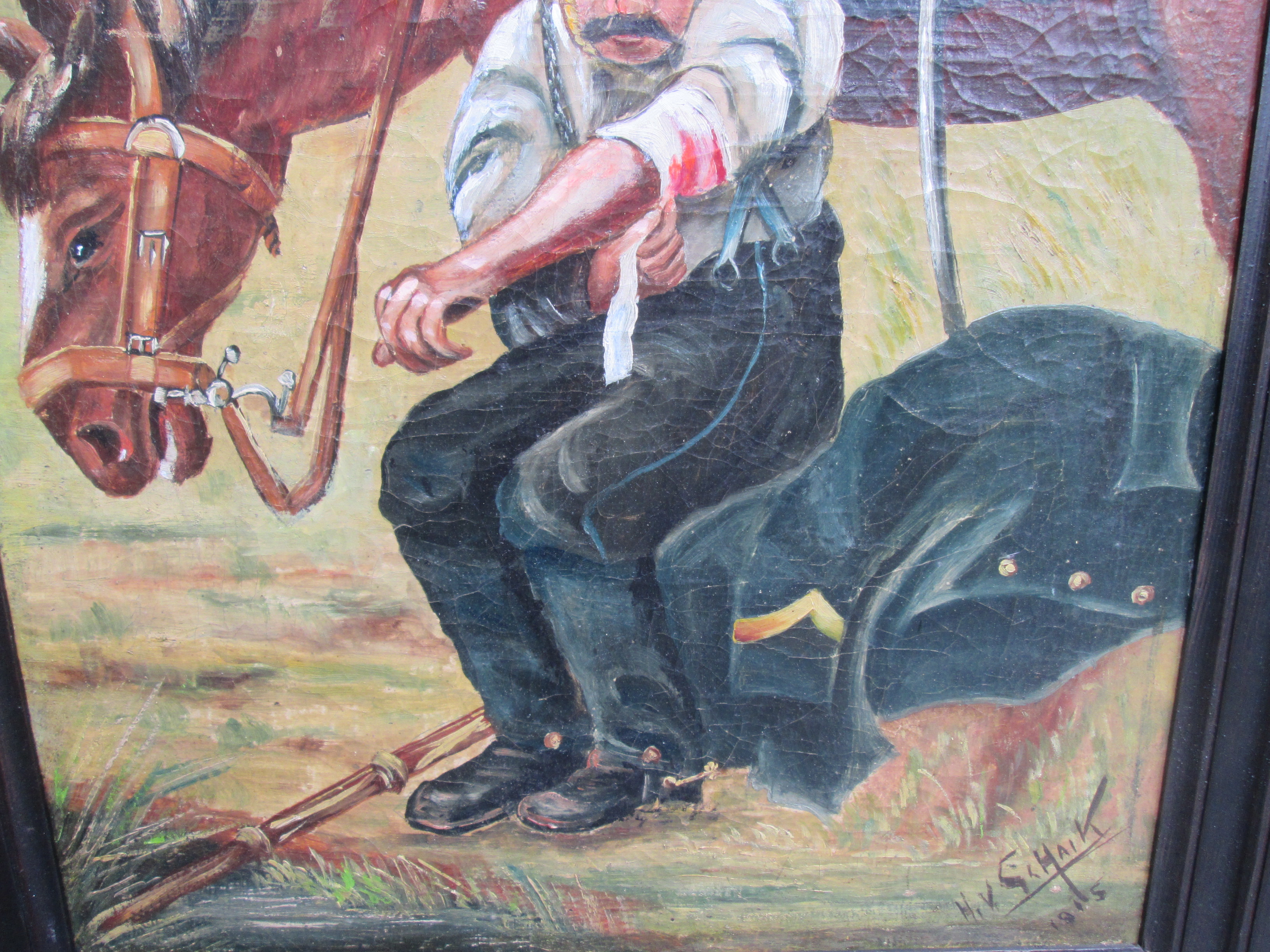 Painting on wood. Schilderij olieverf op paneel gesigneerd H.v.Schaik 1915, Een Ulaan verbind zijn verwonding, mooi apart geschilderd oorlogs tafereel