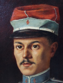 Painting French Hussard. Schilderij olie op canvas  38 bij 46 cm. afgebeeld een Franse Huzaar in atilla met kepie. Koloniale uitvoering. Chasseur de Afrique. 4e regiment 1900-1930 zeer bijzonder schilderij en duidelijk.