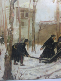 Painting from a war-painter. in an attick found condition. E. Gebrats. Schilderij oorlogs situatie gemaakt door een oorlogsschilder. zeer slechte staat, maar wel bijzonder Oorlogsschilders vind je niet veel werk van.