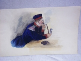 Original water-coloured painting, German soldier with pipe. Originele aquarel Duitse muzikant met Kratschen, zeer leuke voorstelling gesigneerd A.Pfeifer 1901