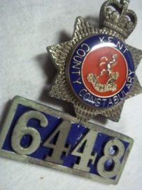 Indentification badge with number of the Sussex police.Politiebrevet met persoonlijk nummer. apart goede staat