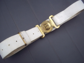 British leather belt, with buckle, Kings Crown, leren koppel met bronzen koppelslot vroeg model 1900- 1920 Kings crown, zeer bijzonder
