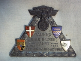 German plaque of the NSKK Taunus orientierungsfahrt NSKK Motorgruppe Westmark 1938, Duitse plaquette NSKK met maker Adam Donner Elgerfeld.