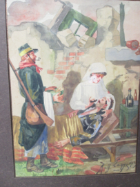 Watercoloured Belgium soldiers and a nurse. signed and dated 1919. Aquarel van 2 Belgische soldaten, waarvan 1 verzorgd word door een verpleegster, zeer realistisch stuk gesigneerd 1919.