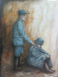 Painting oil on canvas. French officer with a german soldier first world war. Schilderij Franse officier troost een Duitse soldaat na de capitulatie in Nov. 1918. afmeting 60 bij 80 cm.