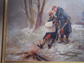 Painting, French officers 1915 Schilderij van Franse officieren die de map bestuderen, tafereel rond 1915 mooi ingelijst  31 - 41 cm ingelijst 45 - 55 cm, zeer decoratief schilder is A.BALQUET.