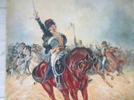 Painting charge of the British Cavalery, nicely painted and signed on hardboard. Schilderij Britse cavalerie in de aanval mooi schilderij op hardboard, gesigneerd met datum 1914.