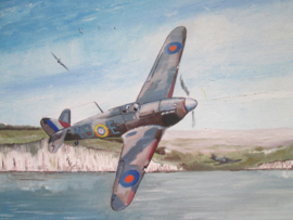 Painting spitfire, Schilderij olie op canvas Spitfire voor de krijtrotsen van Dover  W.Kloet 1986.
