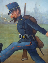 Schilderij op houten paneel, militair tafereel, Als de landweer huis toe gaat, mobilisatie 1914