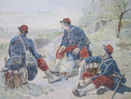 water- coloured painting of three French soldiers and their campfire WW1. Aquarel, 3 Franse soldaten bij het kampvuur, mooi schets met heldere kleuren TOT stukje.