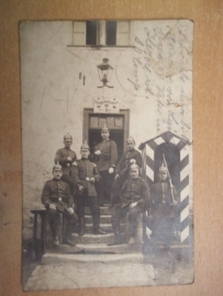 German postcard Eisenbahn Regiment, soldiers with Hessen spikehelmets.1914.Duitse kaart apart regiment Pickelhauben Hessen 1914