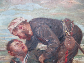 Military painting, 2 wounded soldiers. Militair schilderij van 2 Gewonden soldaten, nationaliteit is niet te herkennen. doch is het zeer artistiek geverfd. in lijst.