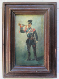 German painting. Schilderij olie op canvas, met houten lijst, Duitse Ulaan met trompet, op de helm het Pruisisch embleem leuk klein schuilderij. 25 bij 35 cm met lijst.