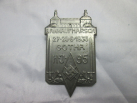 German tinnie, rally badge, Duitse tinnie Hitler- Jugend HJ Bannaufmarsch 27/ 28- 6 - 1936 Gotha HJ Bann 95. Veranstaltungs abzeichen.