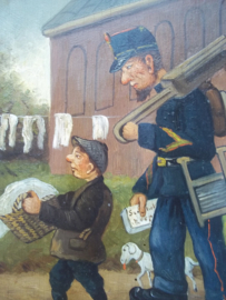 Geschilderd op paneel, mooi militair tafereel, Korporaal Waschhaus mobiliseert 1914.Nederlandse landwacht.