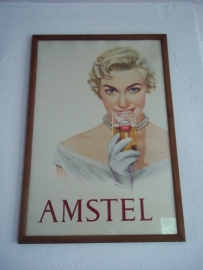 Advertisment  billboard, poster Amstel beer original.Reclameplaat Amstel jaren 60 zeer zeldzaam ingelijst achter glas origineel