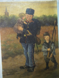 Geschilderd op paneel, Karikatuur van de Nederlandse Landwacht, Mobilisatie 1914, zeer leuke set.