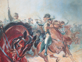 Painting charge of the British Cavalery, nicely painted and signed on hardboard. Schilderij Britse cavalerie in de aanval mooi schilderij op hardboard, gesigneerd met datum 1914.