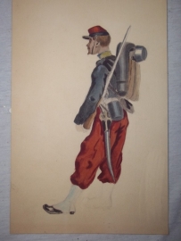 Water-coloured painting of a French soldier 1870 early 1914, the artist did not finished it.Aquarel Franse soldaat 1870 begin 1914, rechter been is getekend, maar niet ingekleurd, is ingelijst 18 bij 23 cm.