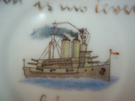 Nederlands bord Zeeman is mijn vak, Varen is mijn leven, had ge geld genoeg, Ge was aan wal gebleven. met kanonneerboot pantserkruiser ballon en trein met 1914, zeldzaam.