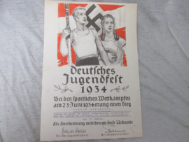 German Hitler- Youth sport award. Duitse H.J.  Hitler- Jugend sport- oorkonde Deutsches Jugend fest 1934 mooi ingevuld.