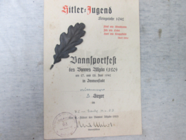 German Hitler- Youth sporting award. Duits Hitler- Jugend H.J. sport oorkonde met lauwertak Bannsportfest 1942