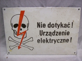 Geemailleerd bordje Oost Europa, waarschuwing voor electriciteit, leuke afbeelding