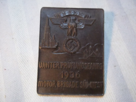 German NSKK plaque. Duitse herinnerings plaquette, NSKK Kraftfahrt Korps Winterprufungsfahrt 1936 - Motorbrigade Sud- West.