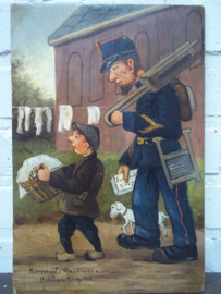 Geschilderd op paneel, mooi militair tafereel, Korporaal Waschhaus mobiliseert 1914.Nederlandse landwacht.